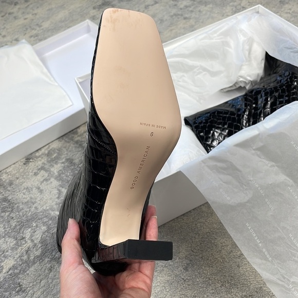 NIB Good American Black Patent Croc Leather Boots Square Toe Ankle Booties Sz 9 - Picture 13 of 13